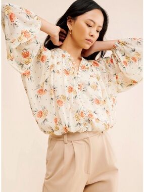 Anthropologie Cream Floral Peasant Blouse with Coral and Yellow Flowers
